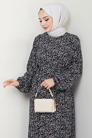 Çıtır Çiçek Desenli Yazlık Viskon Elbise Siyah HM2717