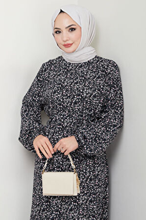 Çıtır Çiçek Desenli Yazlık Viskon Elbise Siyah HM2717
