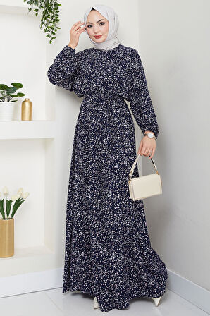 Çıtır Çiçek Desenli Yazlık Viskon Elbise Lacivert HM2717