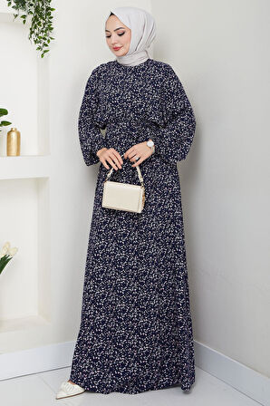 Çıtır Çiçek Desenli Yazlık Viskon Elbise Lacivert HM2717