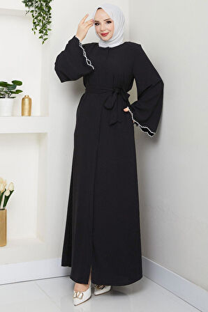 Kol Ucu Nakışlı Kuşaklı Ferace Siyah HM2728