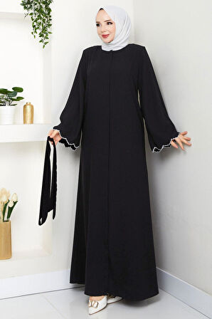 Kol Ucu Nakışlı Kuşaklı Ferace Siyah HM2728