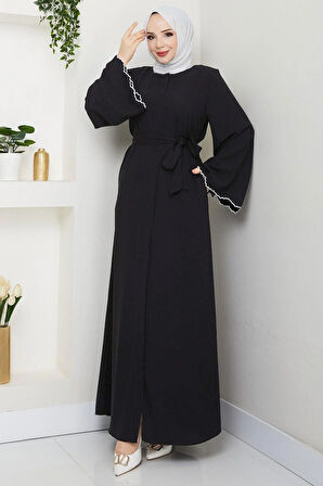 Kol Ucu Nakışlı Kuşaklı Ferace Siyah HM2728