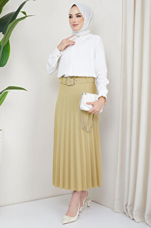 Kemerli Piliseli Etek Bej HM2104