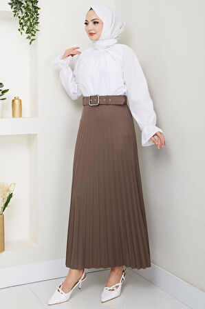 Kemerli Piliseli Etek Açık Kahve HM2104