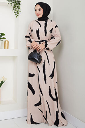 Fırça Desenli Yazlık Viskon Elbise Bej HM2730