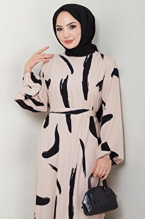 Fırça Desenli Yazlık Viskon Elbise Bej HM2730