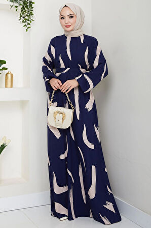 Fırça Desenli Yazlık Viskon Elbise Lacivert HM2730