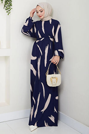 Fırça Desenli Yazlık Viskon Elbise Lacivert HM2730