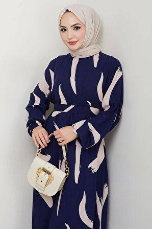 Fırça Desenli Yazlık Viskon Elbise Lacivert HM2730