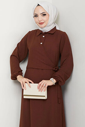 Yandan Bağlamalı Ayrobin Elbise Kahverengi HM2729