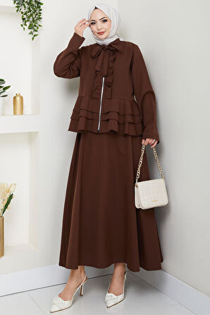 Fırfırlı Etekli Takım Kahverengi HM2722