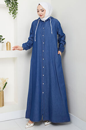 Boydan Düğmeli Kot Ferace Koyu Mavi HM2715