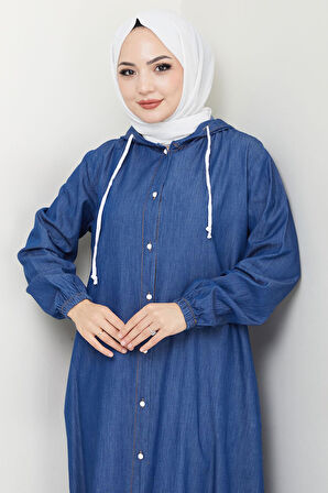 Boydan Düğmeli Kot Ferace Koyu Mavi HM2715