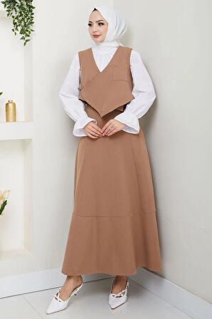 Yandan Bağlamalı Yelekli Takım Vizon HM2723