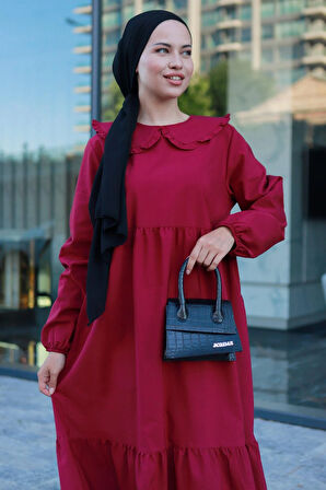 Bebe Yaka Tesettür Elbise Bordo HM2080