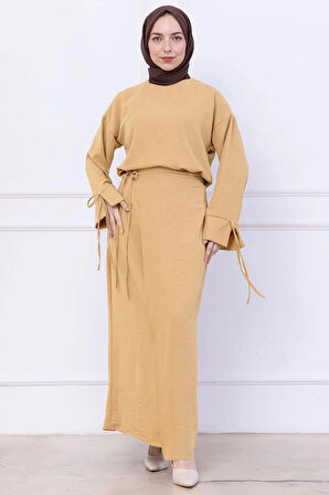 Yandan Bağlamalı Ayrobin Etekli Takım Bej HM2738
