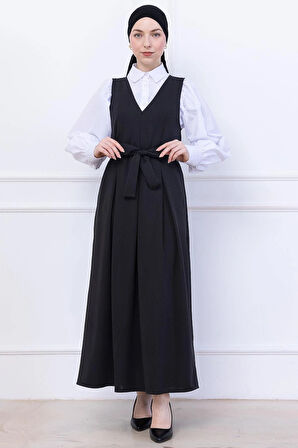 Kuşaklı Pileli Örme Jile Elbise Siyah HM2736
