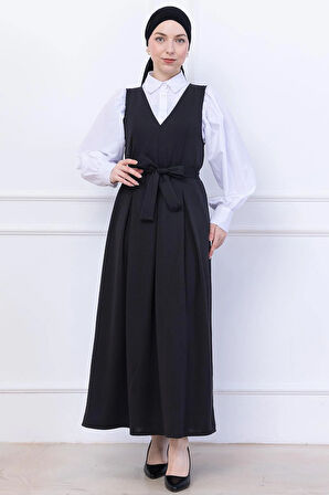 Kuşaklı Pileli Örme Jile Elbise Siyah HM2736