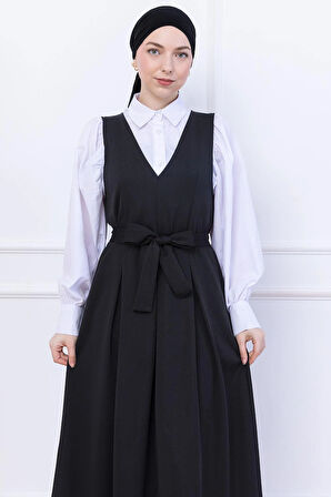 Kuşaklı Pileli Örme Jile Elbise Siyah HM2736