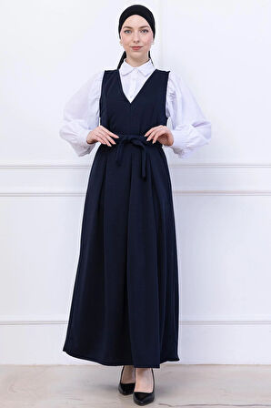 Kuşaklı Pileli Örme Jile Elbise Lacivert HM2736