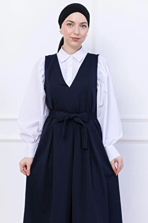 Kuşaklı Pileli Örme Jile Elbise Lacivert HM2736