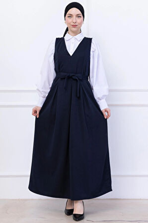 Kuşaklı Pileli Örme Jile Elbise Lacivert HM2736