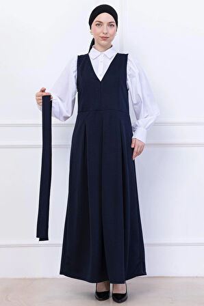 Kuşaklı Pileli Örme Jile Elbise Lacivert HM2736