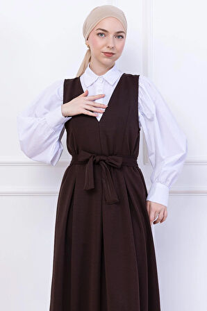 Kuşaklı Pileli Örme Jile Elbise Kahverengi HM2736