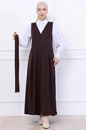 Kuşaklı Pileli Örme Jile Elbise Kahverengi HM2736