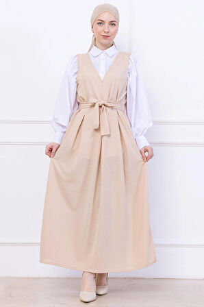 Kuşaklı Pileli Örme Jile Elbise Bej HM2736