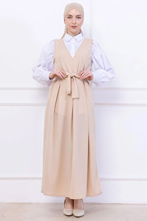 Kuşaklı Pileli Örme Jile Elbise Bej HM2736