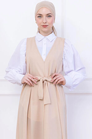 Kuşaklı Pileli Örme Jile Elbise Bej HM2736