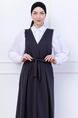 Kuşaklı Pileli Örme Jile Elbise Antrasit HM2736