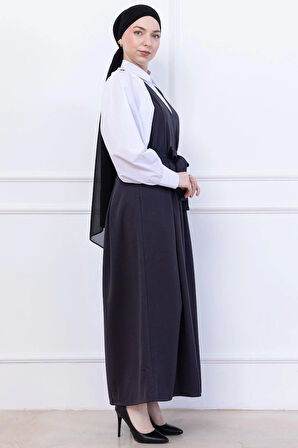 Kuşaklı Pileli Örme Jile Elbise Antrasit HM2736