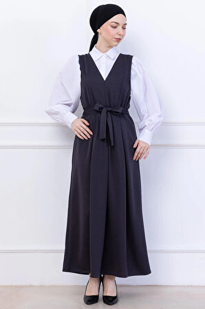 Kuşaklı Pileli Örme Jile Elbise Antrasit HM2736