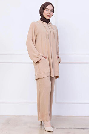 Kapüşonlu Kanguru Cepli Fermuarlı Ayrobin Takım Bej HM2731