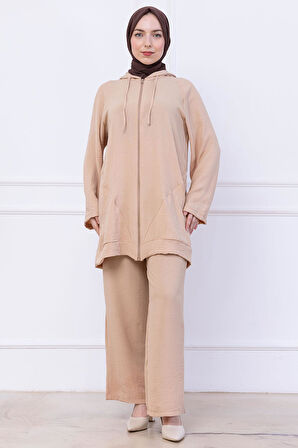 Kapüşonlu Kanguru Cepli Fermuarlı Ayrobin Takım Bej HM2731
