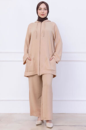 Kapüşonlu Kanguru Cepli Fermuarlı Ayrobin Takım Bej HM2731