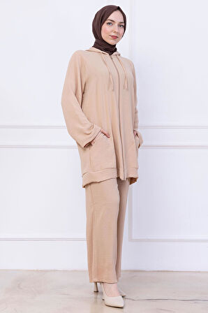 Kapüşonlu Kanguru Cepli Fermuarlı Ayrobin Takım Bej HM2731