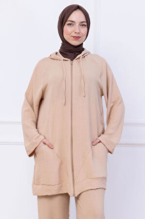 Kapüşonlu Kanguru Cepli Fermuarlı Ayrobin Takım Bej HM2731