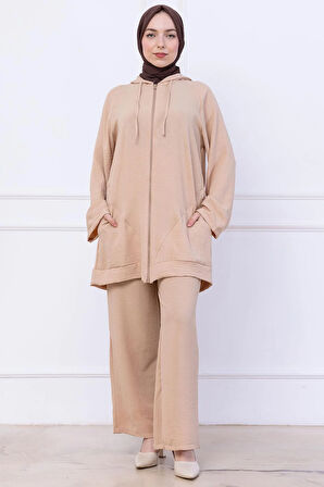 Kapüşonlu Kanguru Cepli Fermuarlı Ayrobin Takım Bej HM2731