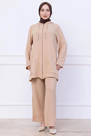 Kapüşonlu Kanguru Cepli Fermuarlı Ayrobin Takım Bej HM2731