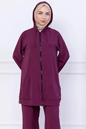 Kapüşonlu Kanguru Cepli Fermuarlı Ayrobin Takım Mürdüm HM2731