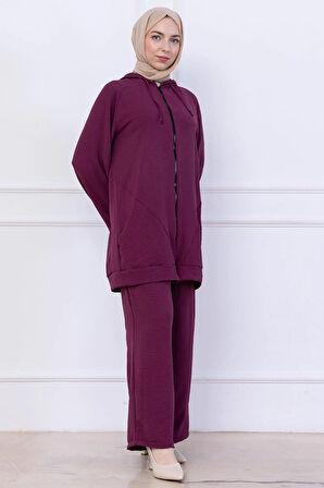 Kapüşonlu Kanguru Cepli Fermuarlı Ayrobin Takım Mürdüm HM2731