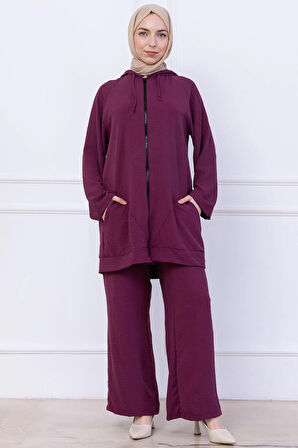 Kapüşonlu Kanguru Cepli Fermuarlı Ayrobin Takım Mürdüm HM2731