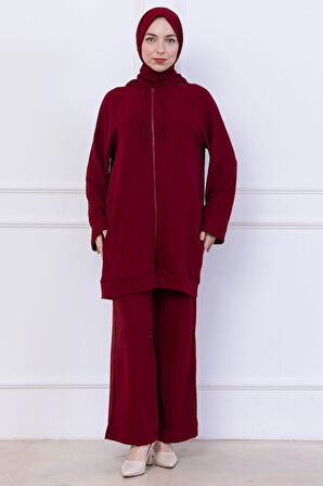 Kapüşonlu Kanguru Cepli Fermuarlı Ayrobin Takım Bordo HM2731