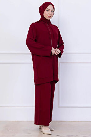 Kapüşonlu Kanguru Cepli Fermuarlı Ayrobin Takım Bordo HM2731