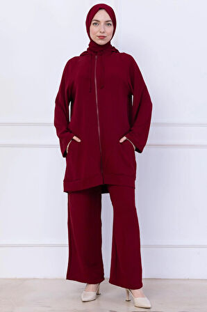 Kapüşonlu Kanguru Cepli Fermuarlı Ayrobin Takım Bordo HM2731