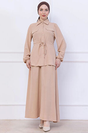 Beli Bağlamalı Etekli Ayrobin Takım Bej HM2734